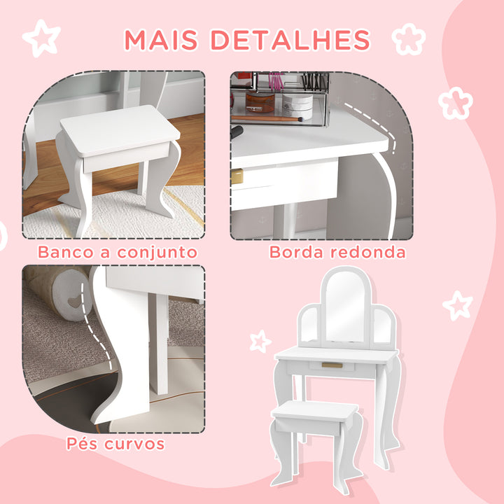 Toucador para Crianças com Espelho e Banco Toucador de Maquilhagem para Crianças de 3 a 6 Anos Toucador Infantil de Madeira com Gaveta 52x32x85 cm Branco