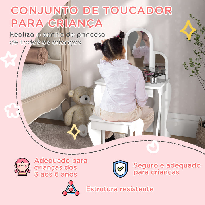 Toucador para Crianças com Espelho e Banco Toucador de Maquilhagem para Crianças de 3 a 6 Anos Toucador Infantil de Madeira com Gaveta 52x32x85 cm Branco