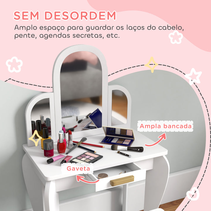 Toucador para Crianças com Espelho e Banco Toucador de Maquilhagem para Crianças de 3 a 6 Anos Toucador Infantil de Madeira com Gaveta 52x32x85 cm Branco