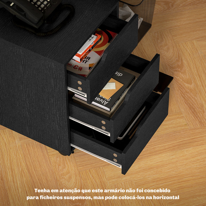 Bloco de Gavetas para Escritório Móvel de Escritório Bloco de Gavetas com 3 Gavetas e 4 Rodas 40x50x57,5 cm Preto