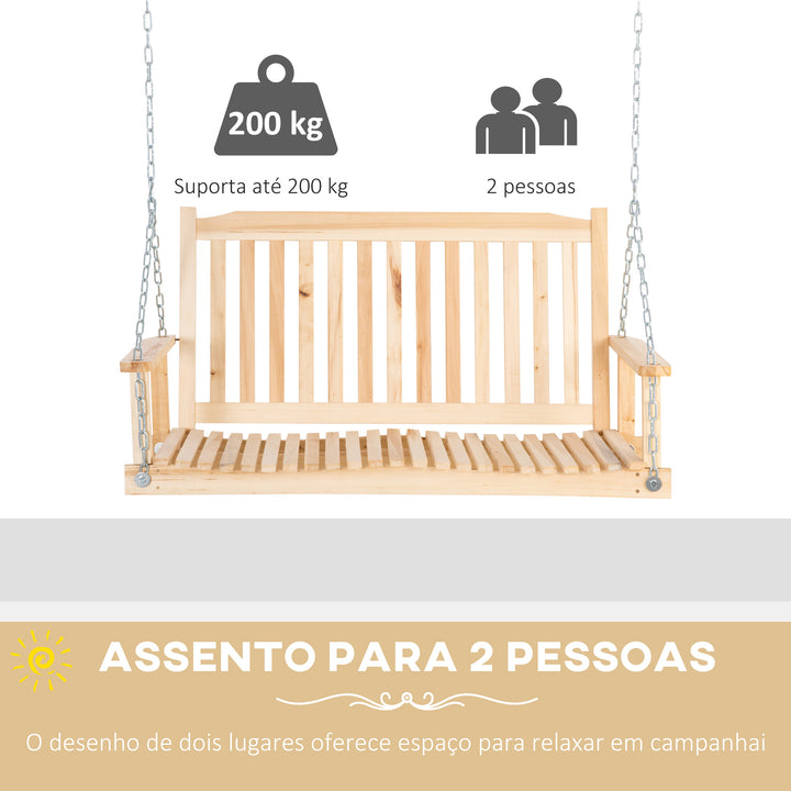 Baloiço de Madeira de 2 Lugares Banco Baloiço Suspenso com Apoios de Braços Correntes Ajustáveis e Desenho em Ripas Carga de 200 kg para Jardim Varanda 117x69x60 cm Madeira