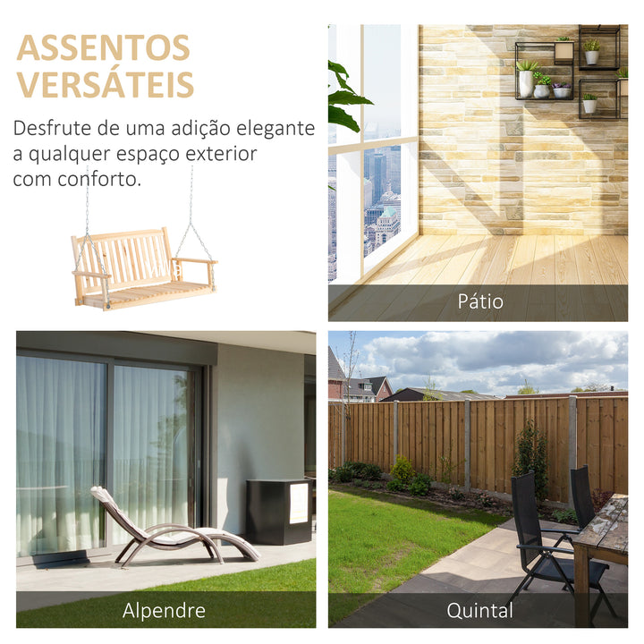 Baloiço de Madeira de 2 Lugares Banco Baloiço Suspenso com Apoios de Braços Correntes Ajustáveis e Desenho em Ripas Carga de 200 kg para Jardim Varanda 117x69x60 cm Madeira