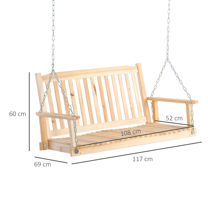 Baloiço de Madeira de 2 Lugares Banco Baloiço Suspenso com Apoios de Braços Correntes Ajustáveis e Desenho em Ripas Carga de 200 kg para Jardim Varanda 117x69x60 cm Madeira