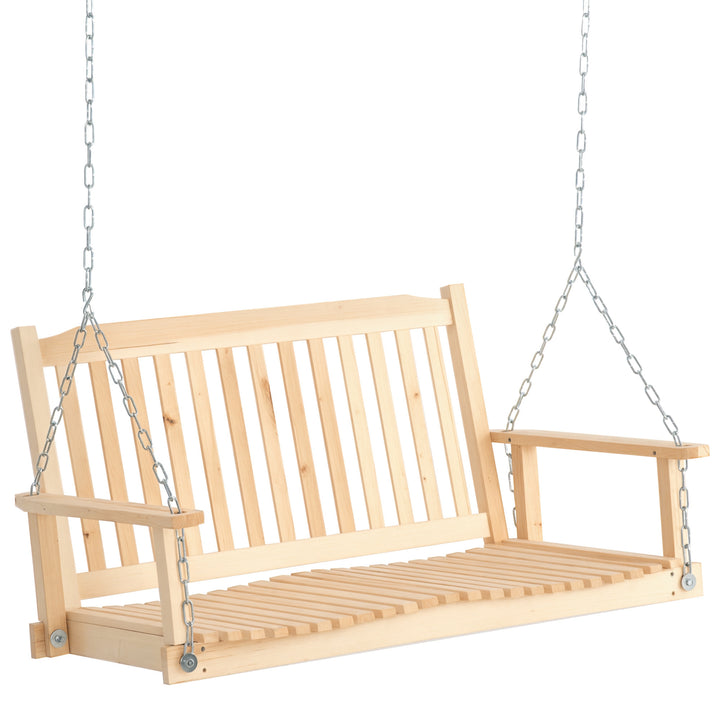 Baloiço de Madeira de 2 Lugares Banco Baloiço Suspenso com Apoios de Braços Correntes Ajustáveis e Desenho em Ripas Carga de 200 kg para Jardim Varanda 117x69x60 cm Madeira