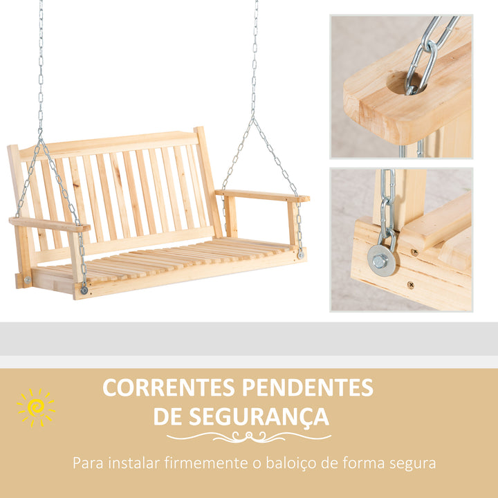 Baloiço de Madeira de 2 Lugares Banco Baloiço Suspenso com Apoios de Braços Correntes Ajustáveis e Desenho em Ripas Carga de 200 kg para Jardim Varanda 117x69x60 cm Madeira