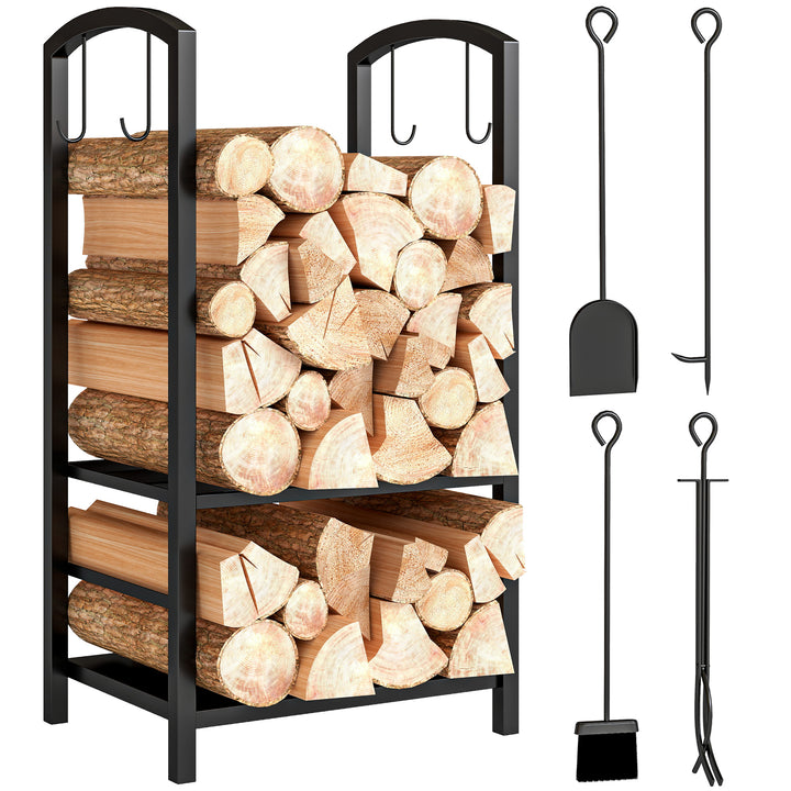 Suporte para Lenha de 2 Níveis Porta Lenha Exterior e Interior Metálico com 4 Ferramentas para Lareira Carga Máx. 100kg 40x30x74,5cm Preto