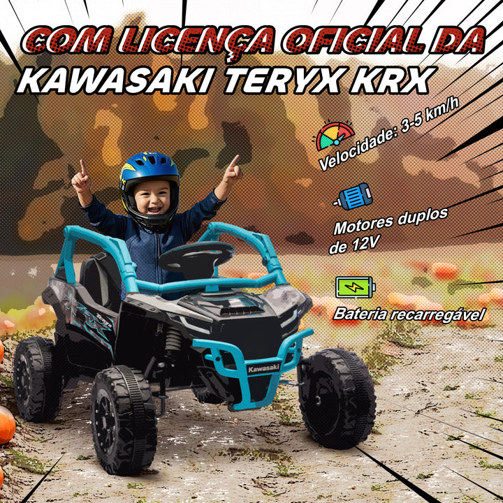 Carro Elétrico para Crianças 12V Kawasaki Teryx KRX 1000 Carro a Bateria UTV com 2 Motores Controlo Remoto 2,4G Suspensão Traseira Faróis USB para Crianças acima de 3 Anos 100x64x56 cm Azul