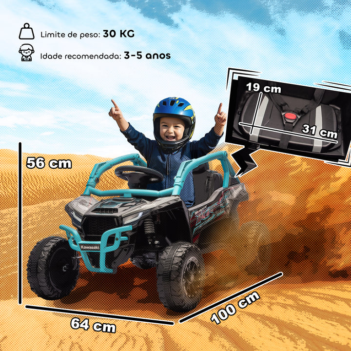 Carro Elétrico para Crianças 12V Kawasaki Teryx KRX 1000 Carro a Bateria UTV com 2 Motores Controlo Remoto 2,4G Suspensão Traseira Faróis USB para Crianças acima de 3 Anos 100x64x56 cm Azul