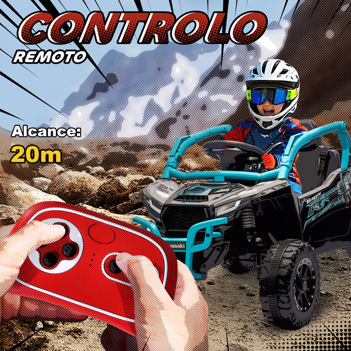 Carro Elétrico para Crianças 12V Kawasaki Teryx KRX 1000 Carro a Bateria UTV com 2 Motores Controlo Remoto 2,4G Suspensão Traseira Faróis USB para Crianças acima de 3 Anos 100x64x56 cm Azul