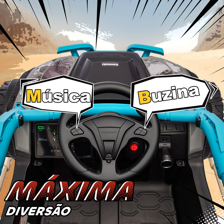 Carro Elétrico para Crianças 12V Kawasaki Teryx KRX 1000 Carro a Bateria UTV com 2 Motores Controlo Remoto 2,4G Suspensão Traseira Faróis USB para Crianças acima de 3 Anos 100x64x56 cm Azul