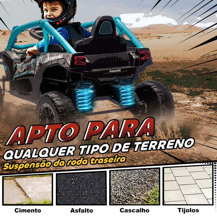 Carro Elétrico para Crianças 12V Kawasaki Teryx KRX 1000 Carro a Bateria UTV com 2 Motores Controlo Remoto 2,4G Suspensão Traseira Faróis USB para Crianças acima de 3 Anos 100x64x56 cm Azul