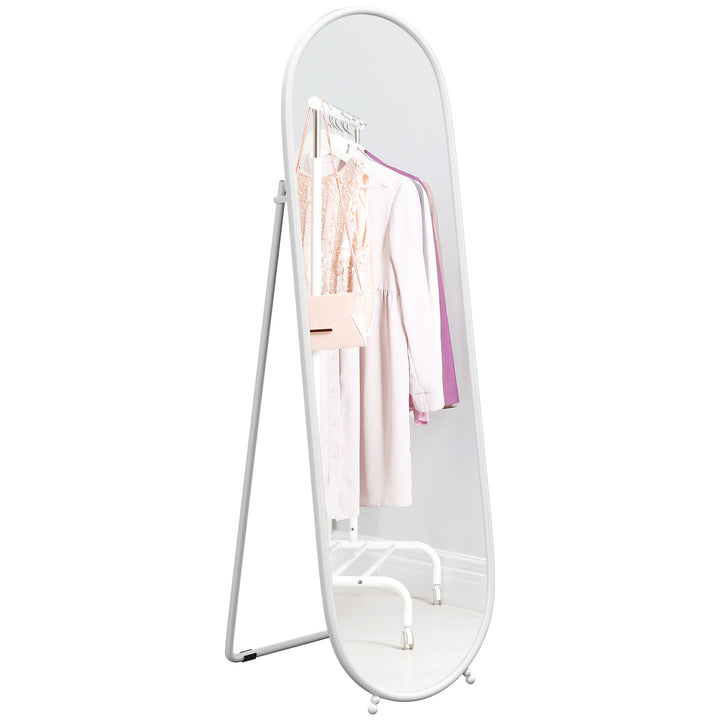 Espelho de Pé 160x40 cm Espelho de Corpo Inteiro com Moldura Metálica Espelho de Parede Oval com Suporte e 2 Formas de Utilização para Sala de Estar Entrada e Quarto Branco