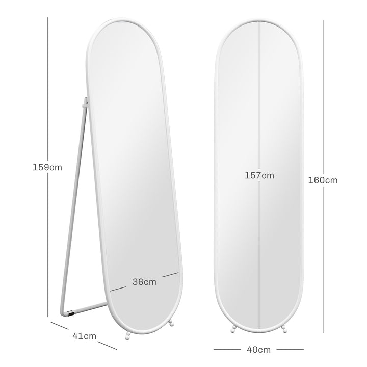 Espelho de Pé 160x40 cm Espelho de Corpo Inteiro com Moldura Metálica Espelho de Parede Oval com Suporte e 2 Formas de Utilização para Sala de Estar Entrada e Quarto Branco