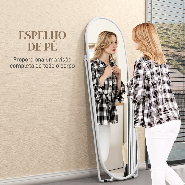Espelho de Pé 160x40 cm Espelho de Corpo Inteiro com Moldura Metálica Espelho de Parede Oval com Suporte e 2 Formas de Utilização para Sala de Estar Entrada e Quarto Branco