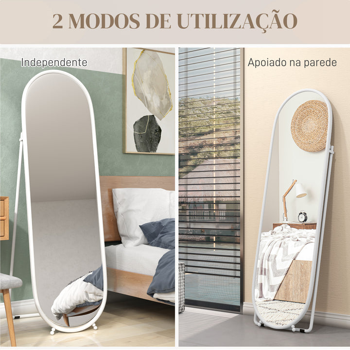 Espelho de Pé 160x40 cm Espelho de Corpo Inteiro com Moldura Metálica Espelho de Parede Oval com Suporte e 2 Formas de Utilização para Sala de Estar Entrada e Quarto Branco