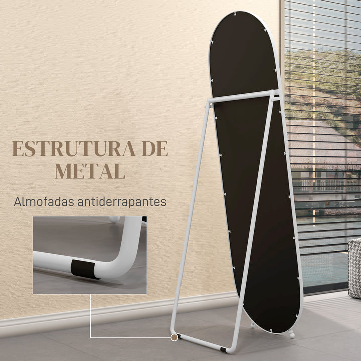 Espelho de Pé 160x40 cm Espelho de Corpo Inteiro com Moldura Metálica Espelho de Parede Oval com Suporte e 2 Formas de Utilização para Sala de Estar Entrada e Quarto Branco