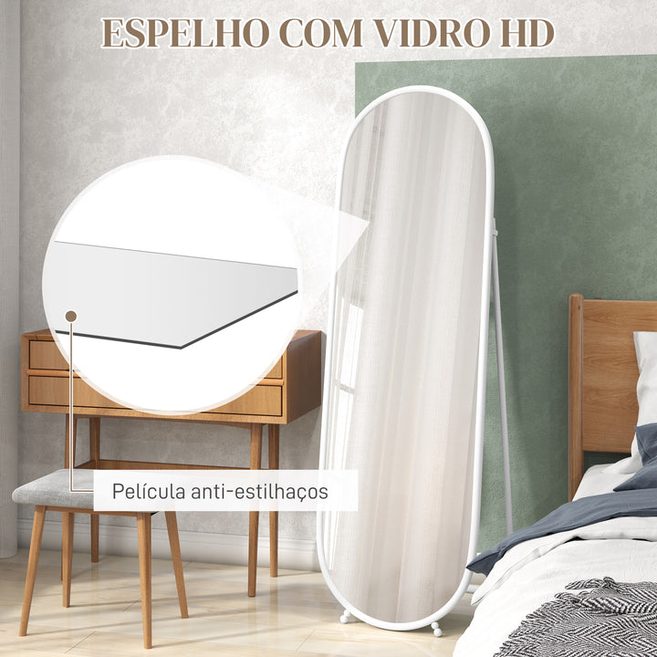 Espelho de Pé 160x40 cm Espelho de Corpo Inteiro com Moldura Metálica Espelho de Parede Oval com Suporte e 2 Formas de Utilização para Sala de Estar Entrada e Quarto Branco