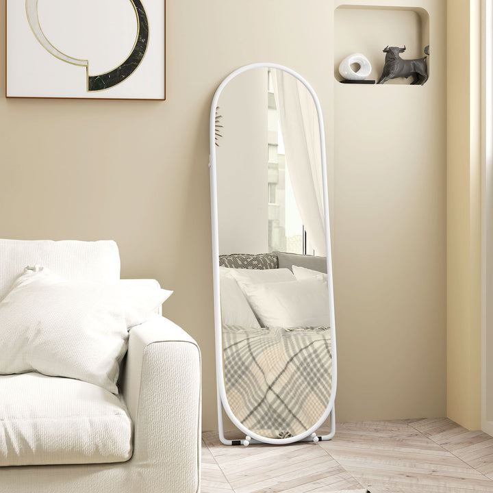 Espelho de Pé 160x40 cm Espelho de Corpo Inteiro com Moldura Metálica Espelho de Parede Oval com Suporte e 2 Formas de Utilização para Sala de Estar Entrada e Quarto Branco