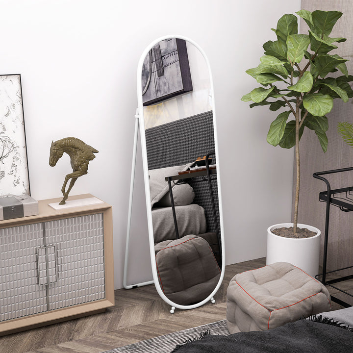 Espelho de Pé 160x40 cm Espelho de Corpo Inteiro com Moldura Metálica Espelho de Parede Oval com Suporte e 2 Formas de Utilização para Sala de Estar Entrada e Quarto Branco