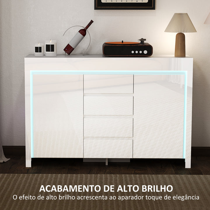 Aparador Sala de Estar Aparador com Luzes LED com 4 Gavetas Fechamento Suave Prateleiras Ajustáveis e Controlo Remoto Móvel Aparador Dormitório 120x34x80 cm Branco Brilhante