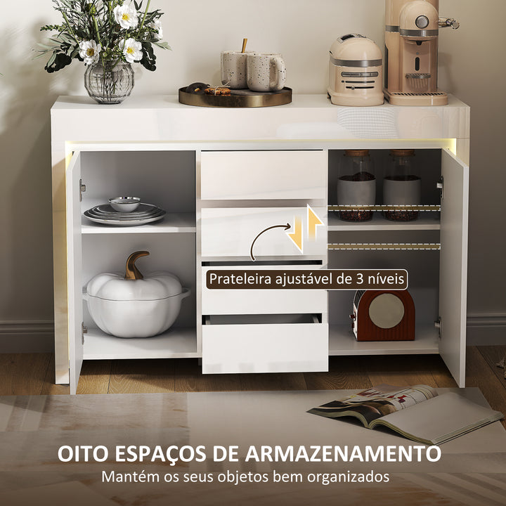 Aparador Sala de Estar Aparador com Luzes LED com 4 Gavetas Fechamento Suave Prateleiras Ajustáveis e Controlo Remoto Móvel Aparador Dormitório 120x34x80 cm Branco Brilhante