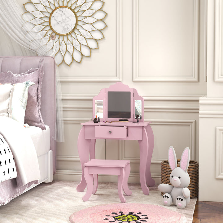 Toucador Infantil de Madeira com Banco e Espelho de Acrílico de 2 Seções Mesa de Maquilhagem Infantil com Gaveta para Dormitório Sala de Jogos 63x40x85,5 cm Rosa