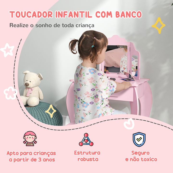 Toucador Infantil de Madeira com Banco e Espelho de Acrílico de 2 Seções Mesa de Maquilhagem Infantil com Gaveta para Dormitório Sala de Jogos 63x40x85,5 cm Rosa