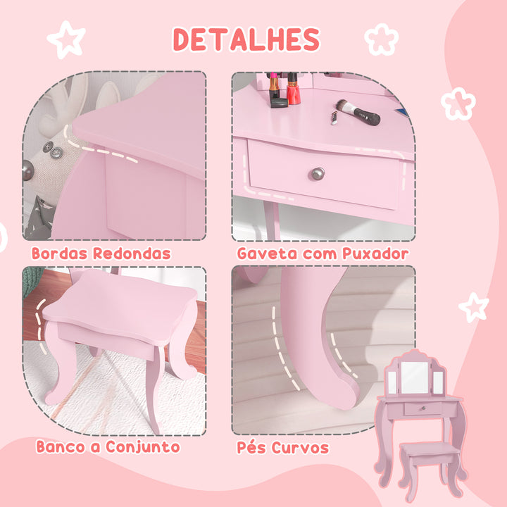 Toucador Infantil de Madeira com Banco e Espelho de Acrílico de 2 Seções Mesa de Maquilhagem Infantil com Gaveta para Dormitório Sala de Jogos 63x40x85,5 cm Rosa