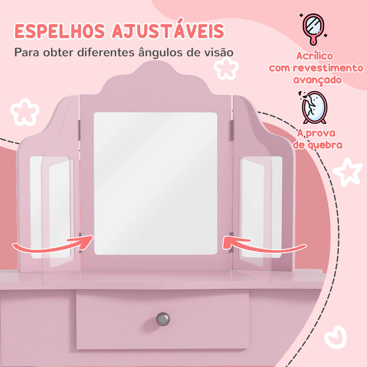 Toucador Infantil de Madeira com Banco e Espelho de Acrílico de 2 Seções Mesa de Maquilhagem Infantil com Gaveta para Dormitório Sala de Jogos 63x40x85,5 cm Rosa