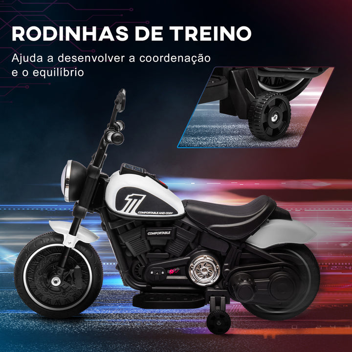 Motocicleta Elétrica para Crianças de 18-36 Meses Motocicleta Elétrica Infantil com Bateria 6v Farol e Rodas Auxiliares Removíveis Carga 25 kg 76x42x57 cm Branca