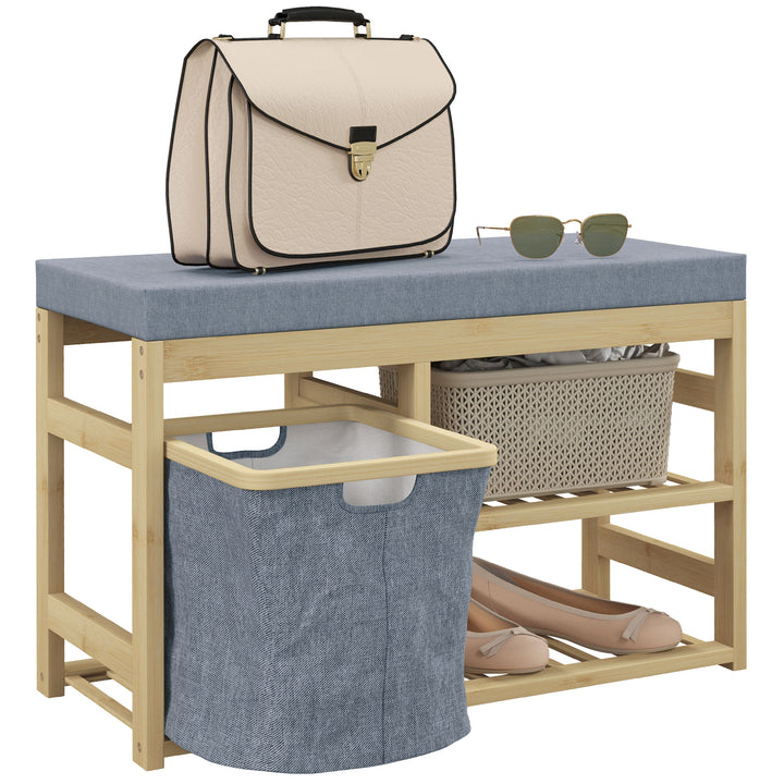 Banco para Sapatos de Bambu Móvel Sapateira com Assento Cesta Amovível e Prateleiras Abertas para 4 Pares de Sapatos Banco Sapateira para Entrada Corredor 69x30x45 cm Madeira