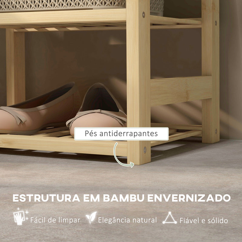 Banco para Sapatos de Bambu Móvel Sapateira com Assento Cesta Amovível e Prateleiras Abertas para 4 Pares de Sapatos Banco Sapateira para Entrada Corredor 69x30x45 cm Madeira