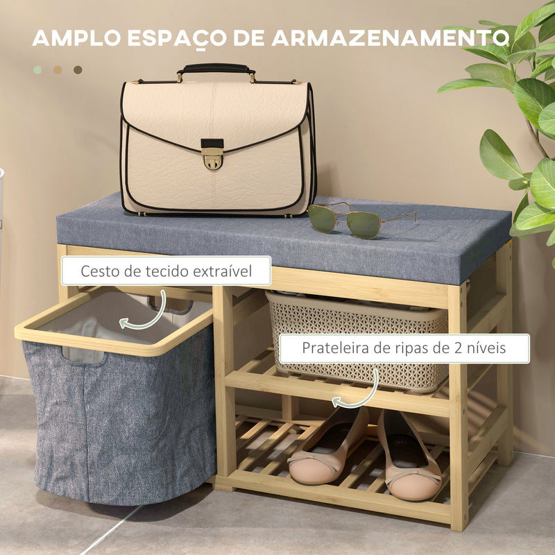 Banco para Sapatos de Bambu Móvel Sapateira com Assento Cesta Amovível e Prateleiras Abertas para 4 Pares de Sapatos Banco Sapateira para Entrada Corredor 69x30x45 cm Madeira