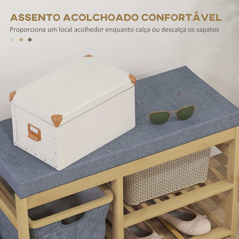 Banco para Sapatos de Bambu Móvel Sapateira com Assento Cesta Amovível e Prateleiras Abertas para 4 Pares de Sapatos Banco Sapateira para Entrada Corredor 69x30x45 cm Madeira