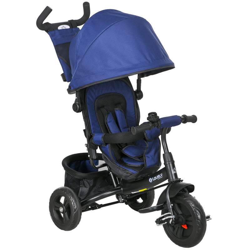 Triciclo para Bebés 2 em 1 Triciclo Evolutivo para Crianças de +12 Meses com Capota Dobrável Guiador Telescópico e Removível Bolsa e Porta-garrafas Azul Marrinho