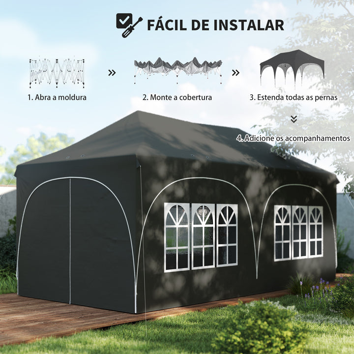 Tenda Dobrável 6x3 m Tenda Pop-up com 6 Laterais Removíveis Altura Ajustável Janelas Bolsa de Transporte UPF30+ Tenda para Campismo Festas Exterior Cinzento Escuro