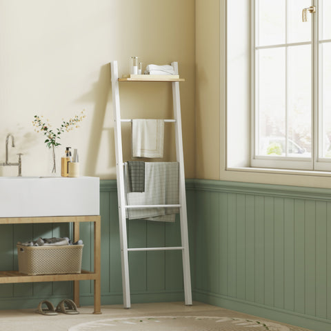 Toalheiro de Escada com Prateleira Superior e 4 Barras Suporte de Toalhas para Encostar na Parede Prateleira Inclinada para Quarto Sala de Estar 43x20x151 cm Branco e Carvalho