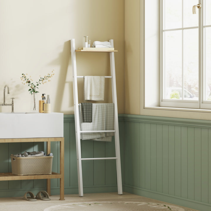 Toalheiro de Escada com Prateleira Superior e 4 Barras Suporte de Toalhas para Encostar na Parede Prateleira Inclinada para Quarto Sala de Estar 43x20x151 cm Branco e Carvalho