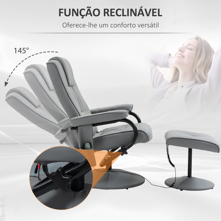 Poltrona de Massagem Elétrica com Banco para Apoiar os Pés Poltrona Relax Giratório Reclinável em até 145° com Controle Remoto e 10 Pontos de Massagem Estofado em PU 77x84x102 cm Cinza