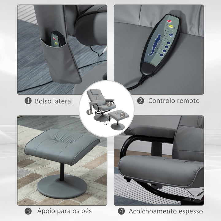 Poltrona de Massagem Elétrica com Banco para Apoiar os Pés Poltrona Relax Giratório Reclinável em até 145° com Controle Remoto e 10 Pontos de Massagem Estofado em PU 77x84x102 cm Cinza