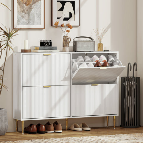 Sapateira Estreita com 4 Portas Canelada Sapateira para Entrada com Prateleiras Ajustáveis para 20 Pares de Sapatos 105x24x91,5 cm Branco