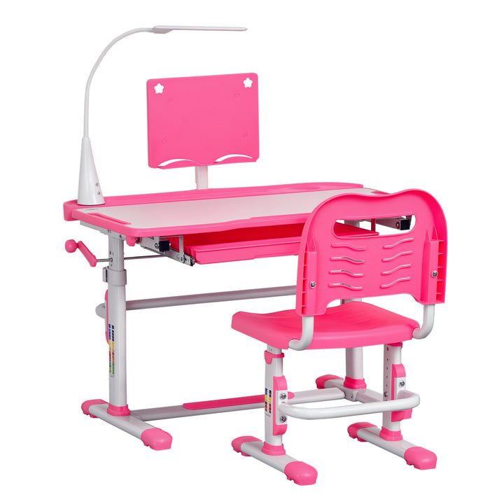 Conjunto de Secretária e Cadeira para Crianças acima de 3 Anos Secretária Infantil com Altura Ajustável Mesa Inclinável Gaveta Lâmpada LED e Suporte para Lápis 80x49,5x80-105cm e 36x34x60-73cm Rosa