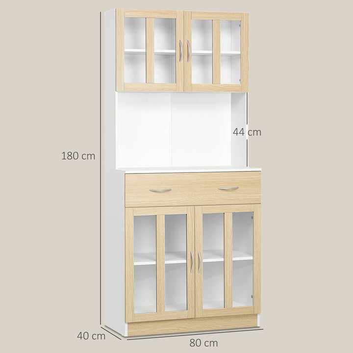 Aparador de Cozinha Alto Móvel Auxiliar de Cozinha com 4 Portas de Vidro Bancada Aberta para Micro-Ondas Gaveta Prateleiras Ajustáveis 80x40x180 cm Branco e Madeira