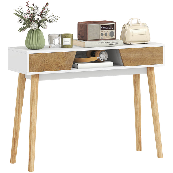 Mesa de Consola Estreita Consola de Entrada Mesa Consola Moderna com 2 Gavetas Compartimento e Pés de Madeira para Corredor Entrada Sala de Estar Dormitório 100x30x75 cm Branco