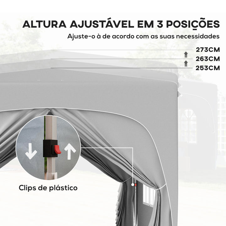 Tenda Dobrável Tenda 3x3 m com Painéis Laterais UPF50+ Tenda de Jardim com Altura Ajustável e Bolsa de Transporte para Campismo Festas Pátio Cinza Claro