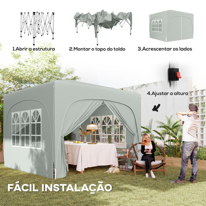 Tenda Dobrável Tenda 3x3 m com Painéis Laterais UPF50+ Tenda de Jardim com Altura Ajustável e Bolsa de Transporte para Campismo Festas Pátio Cinza Claro