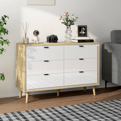 Cómoda 6 Gavetas Cómoda Quarto com Pernas de Madeira Cómoda para Sala Escritório Estilo Moderno 110x40x75 cm Branco Brilhante e Carvalho