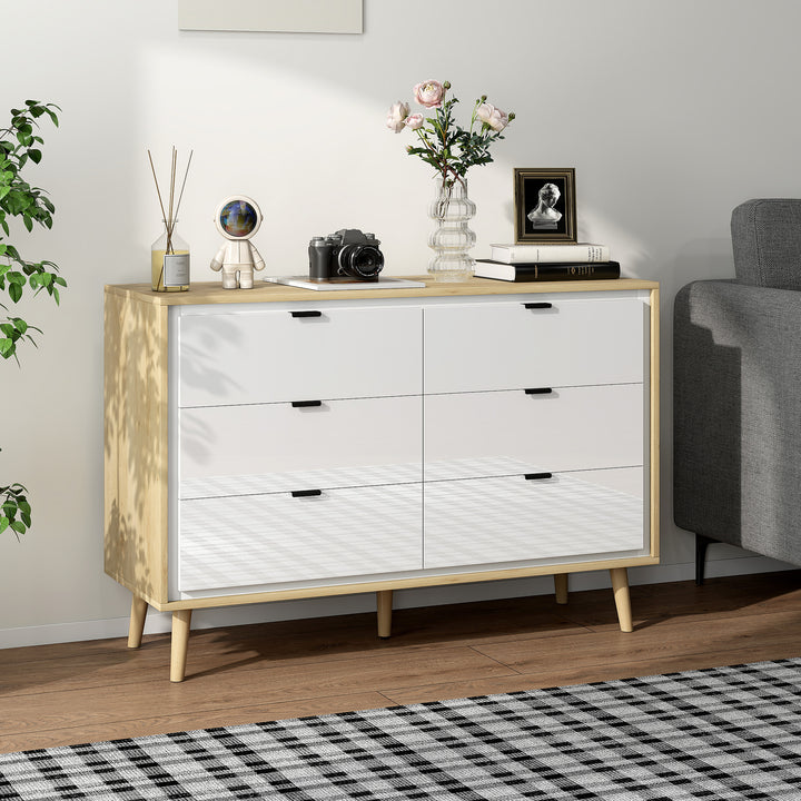 Cómoda 6 Gavetas Cómoda Quarto com Pernas de Madeira Cómoda para Sala Escritório Estilo Moderno 110x40x75 cm Branco Brilhante e Carvalho