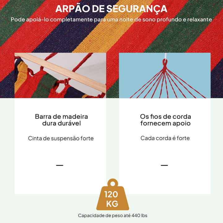 Cama Rede de Jardim 200x100 cm Rede Suspensa com Travessas de Madeira Carga 120 kg para Pátio Terraço Varanda Campismo Multicolor