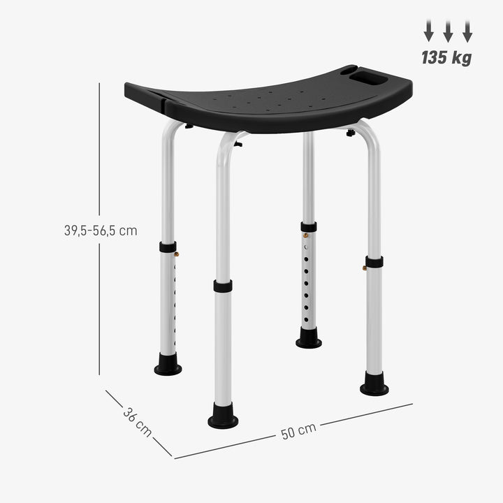 Banco de Duche Banco de Segurança para Duche com Altura Ajustável em 8 Posições com Base de Borracha Antiderrapante 50x36x39,5-56,5 cm Preto